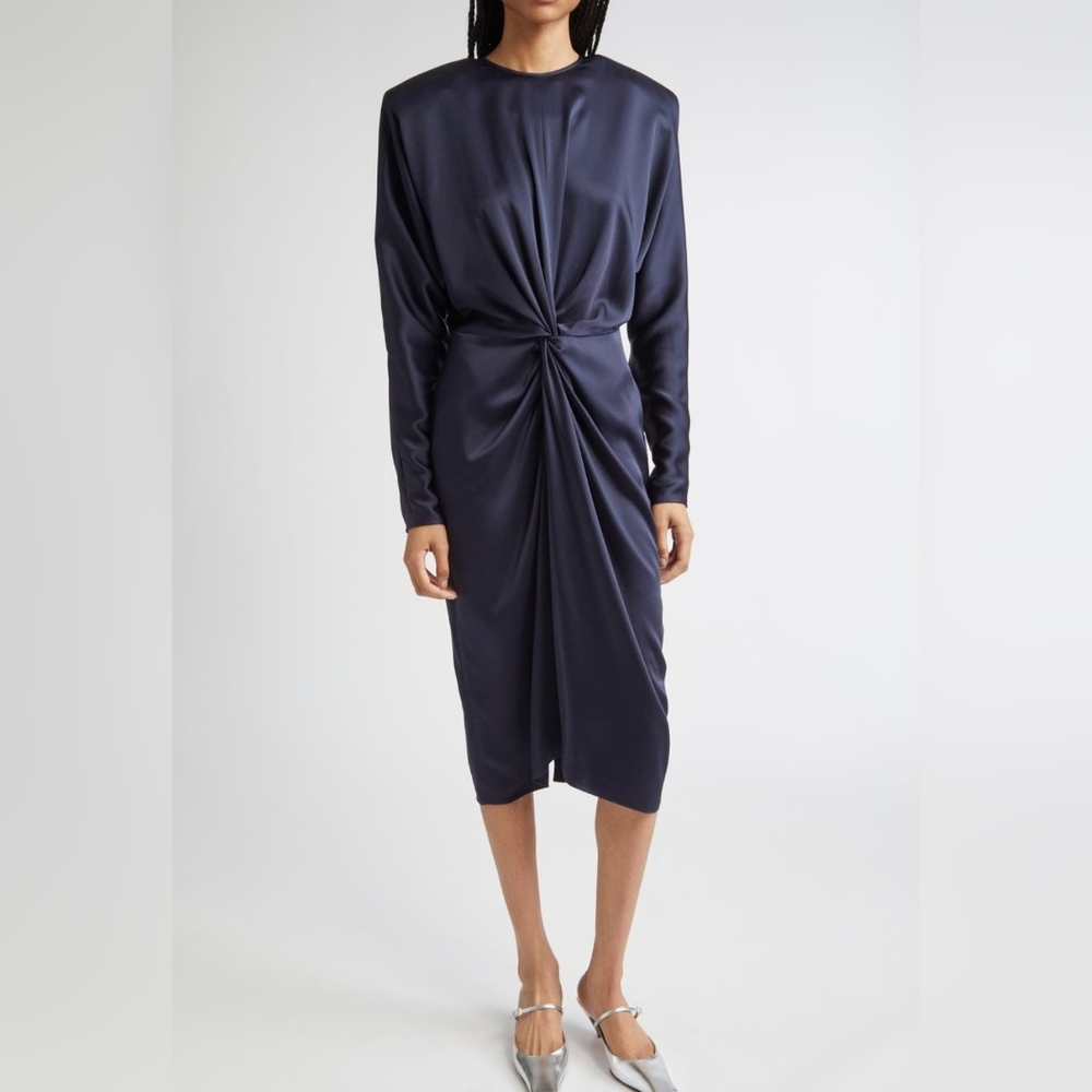 Stella McCartney Size 6 (IT 40) Blue Draped Long Sleeve Satin Dress MSRP $1999